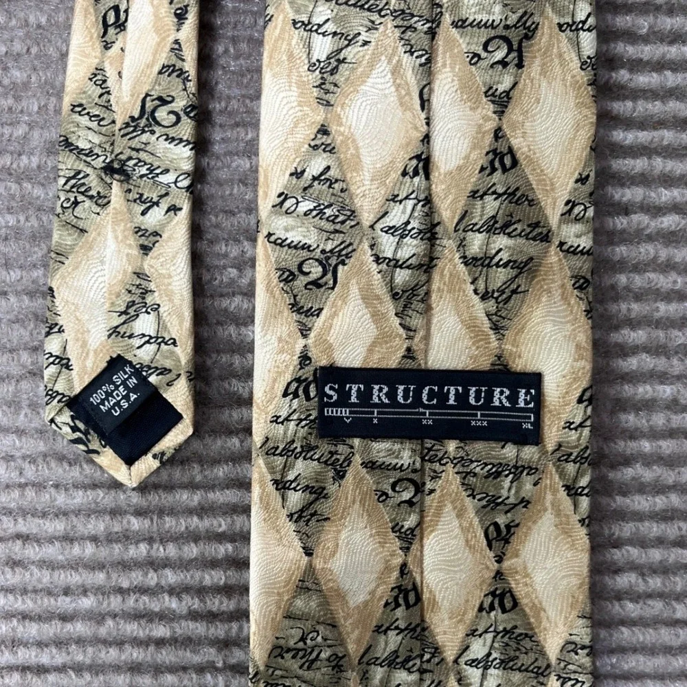 Structure Silk Tie Mens Cream Olive Green Argyle Script Calligraphy Made in‎ USA